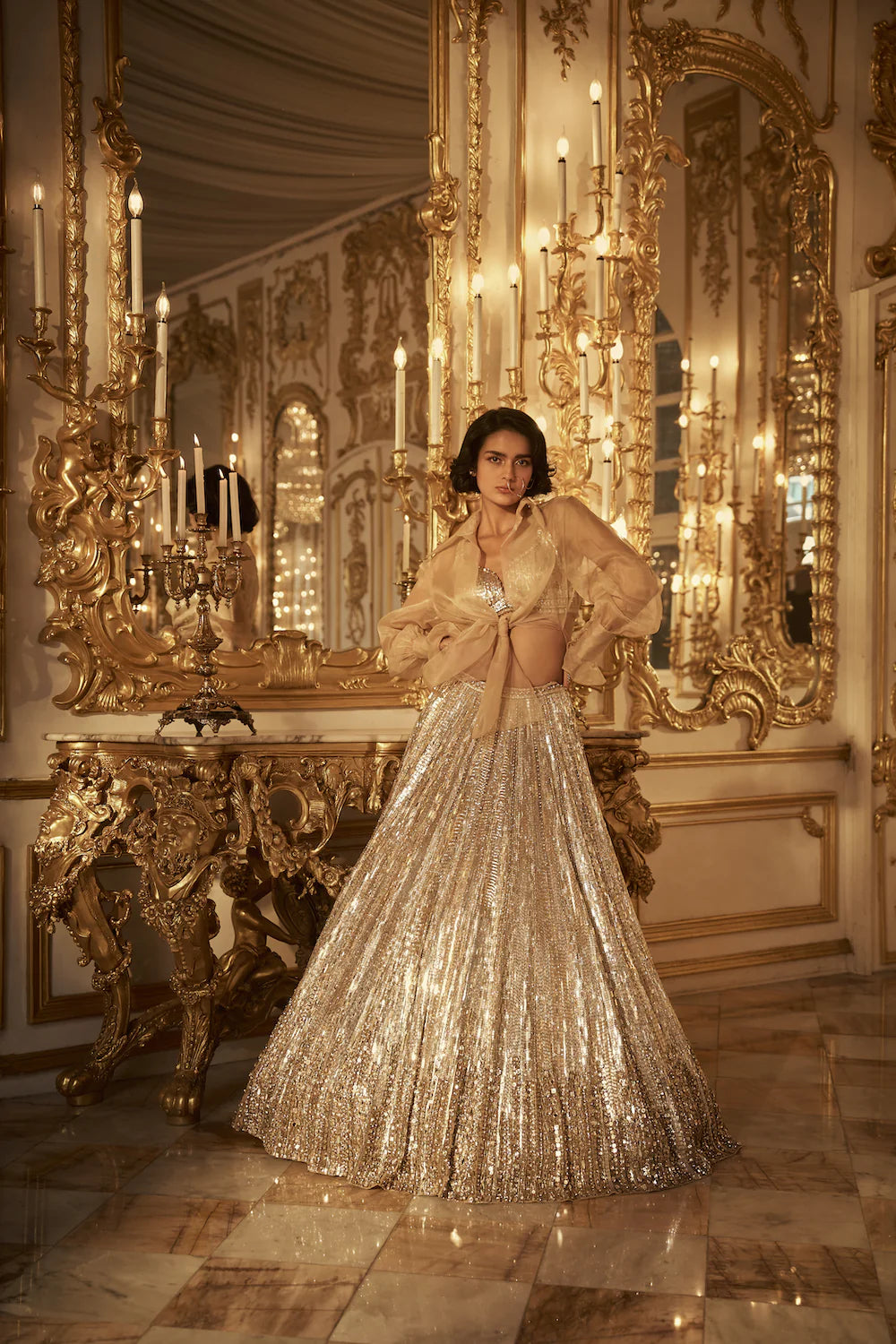 Seema Gujral - Silver Gold Crystal Lehenga Set