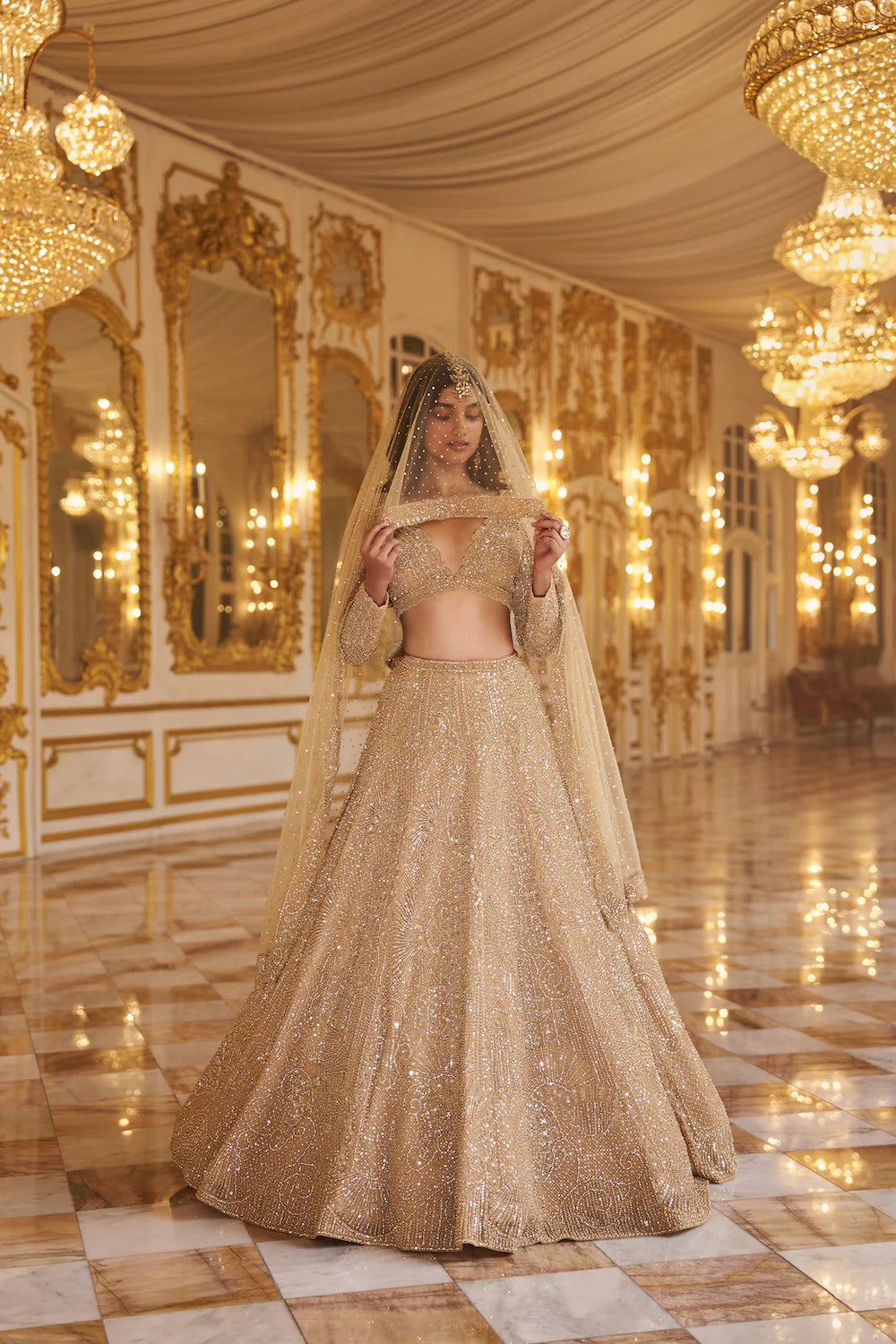 Seema Gujral - Gold Pearl Lehenga Set