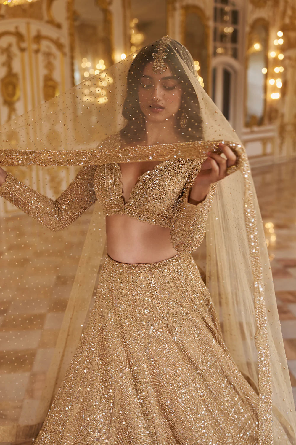 Seema Gujral - Gold Pearl Lehenga Set
