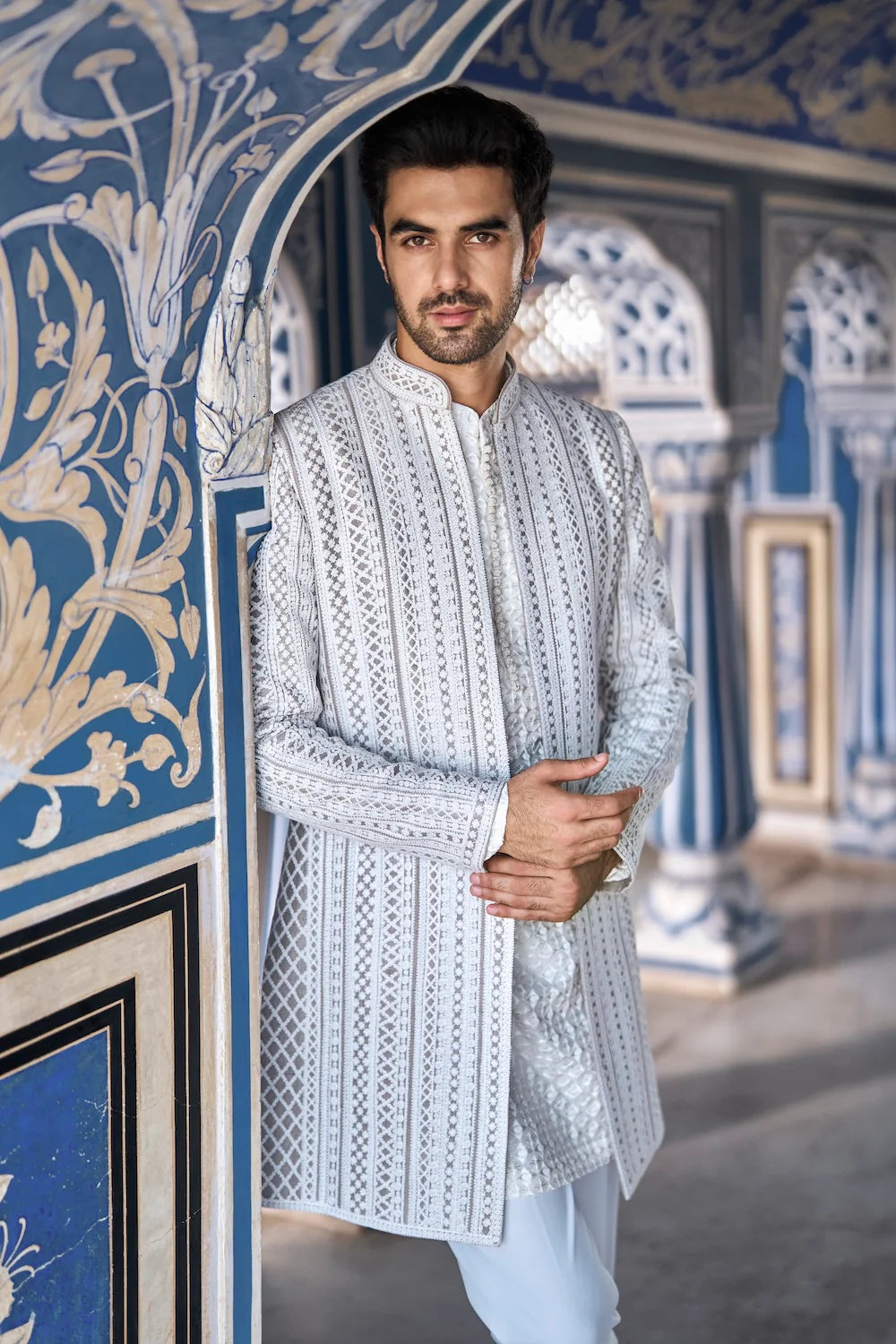 Seema Gujral - Grey Cream Open Jacket Set