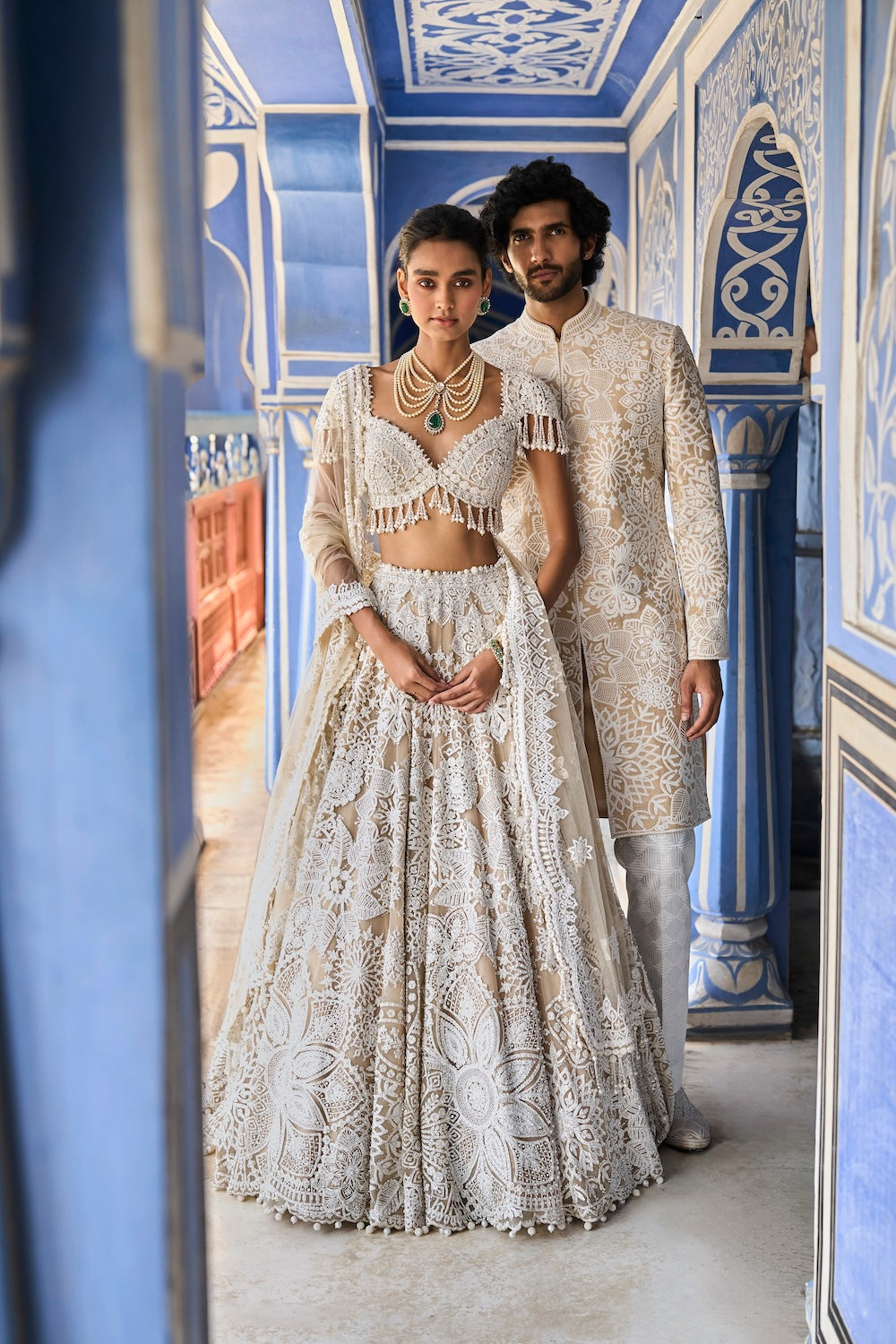 Seema Gujral - Nude Cream Abstract Lehenga Set