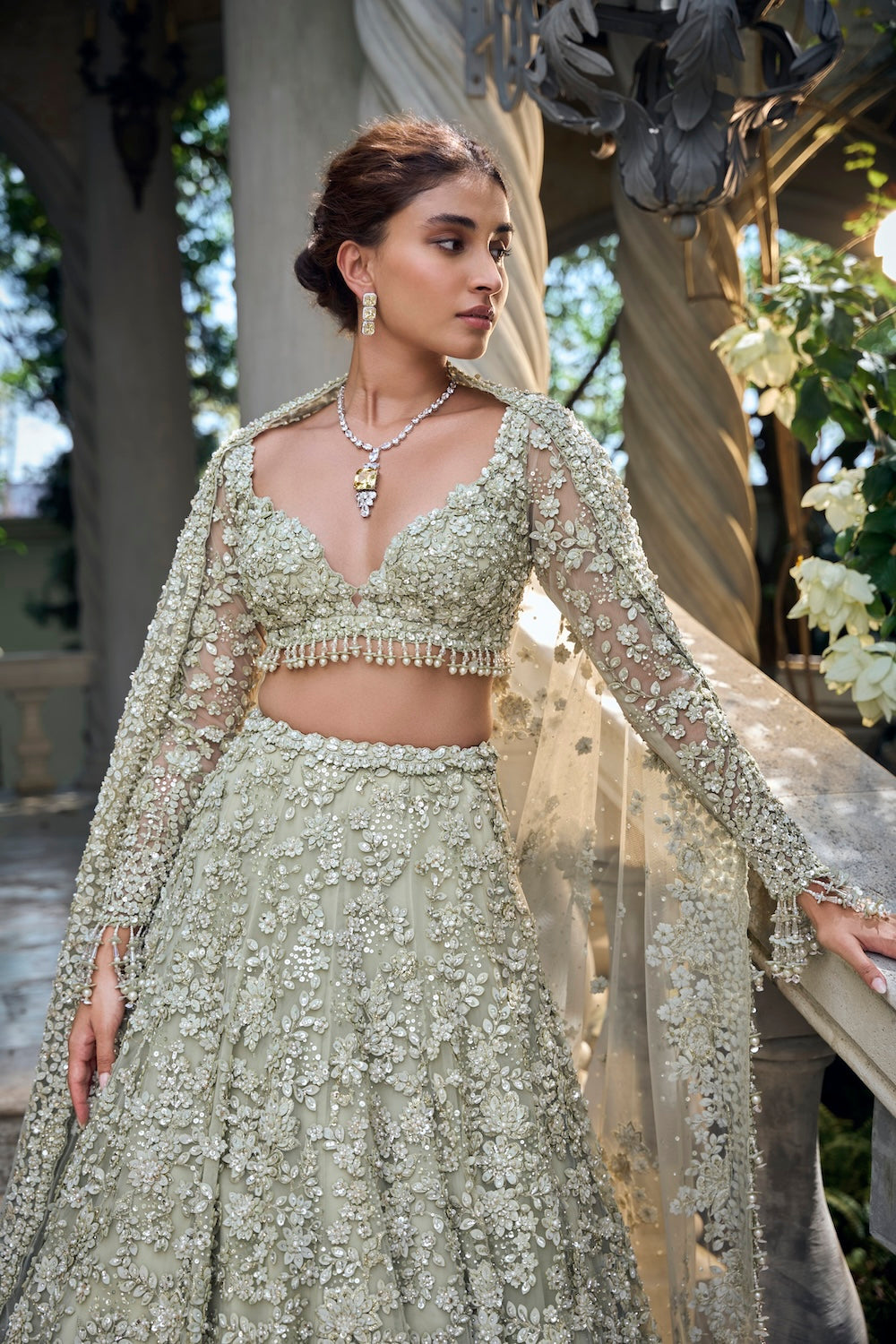 Seema Gujral - Sage Green Three-Dimensional Lehenga Set