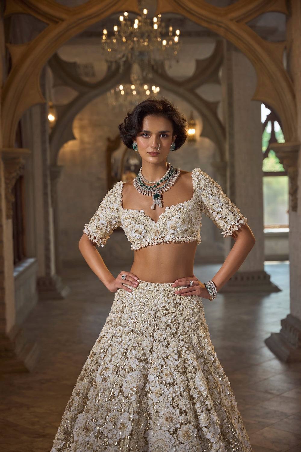 Seema Gujral - Ivory Gold Three-Dimensional Lehenga Set