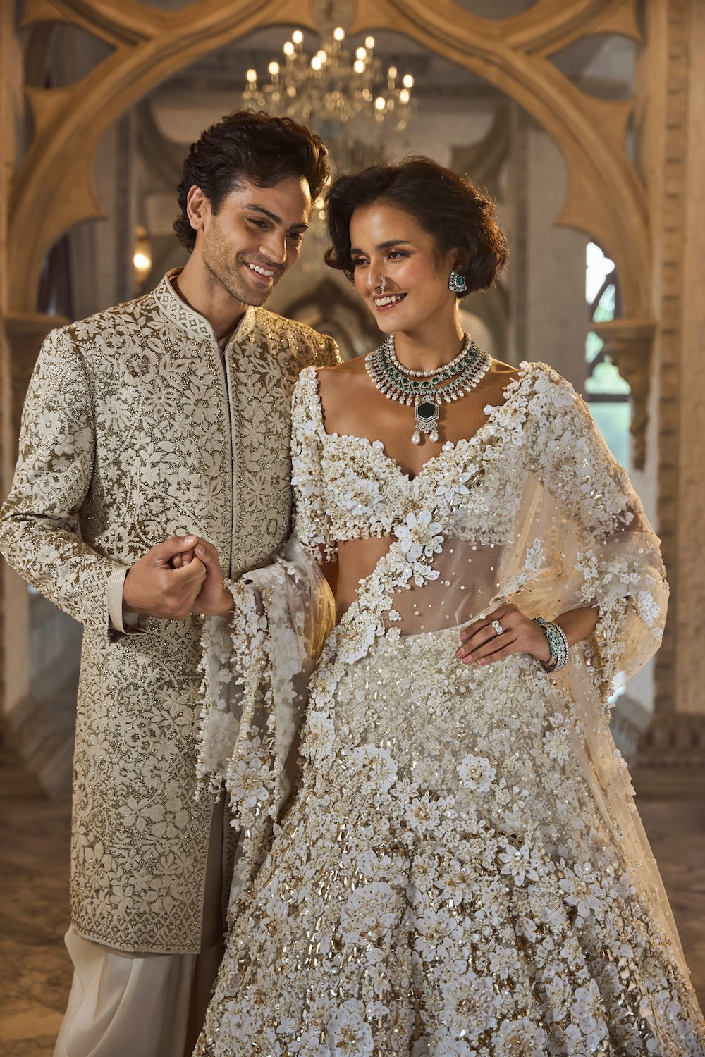 Seema Gujral - Ivory Gold Three-Dimensional Lehenga Set