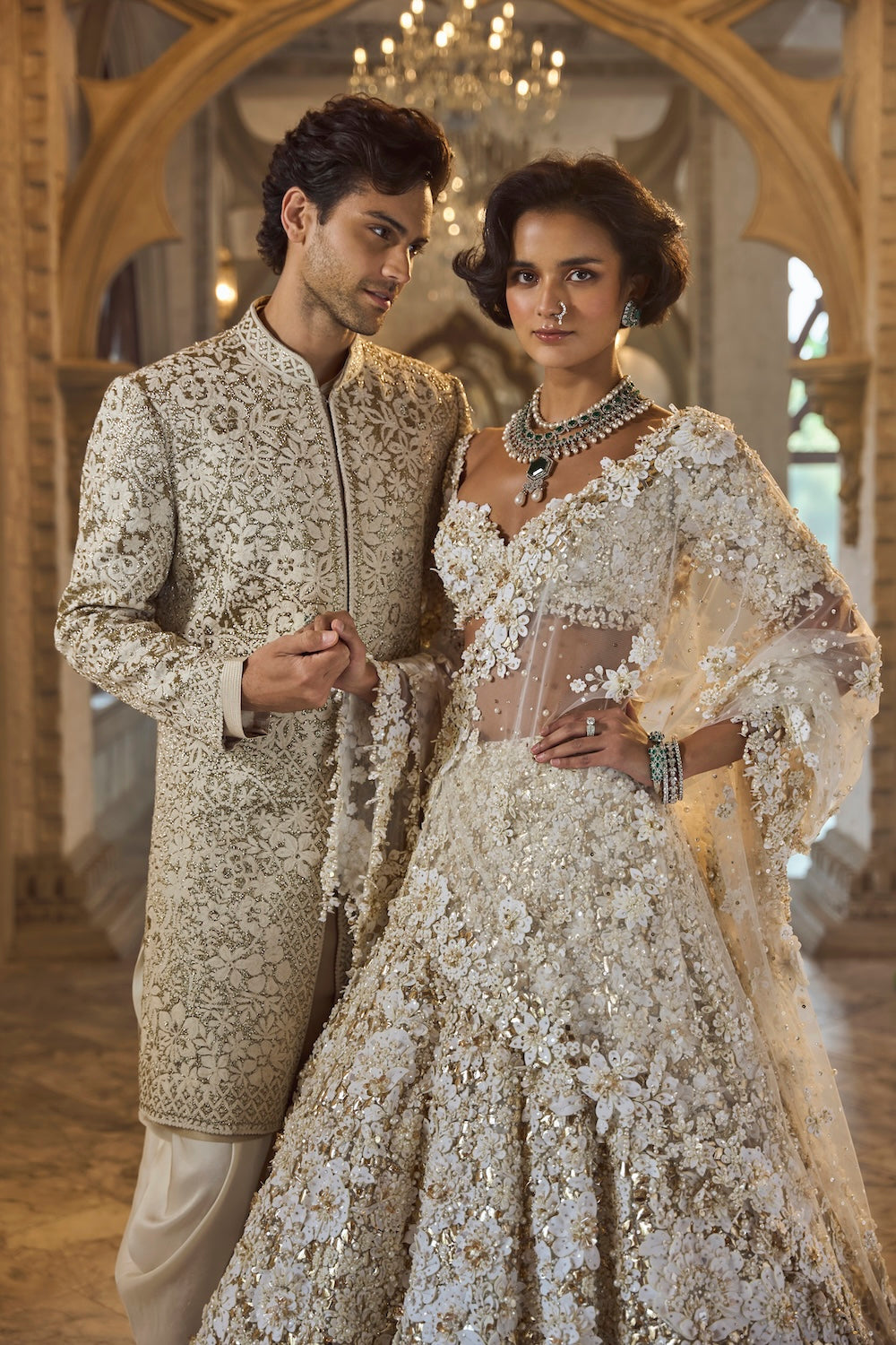 Seema Gujral - Ivory Gold Three-Dimensional Lehenga Set