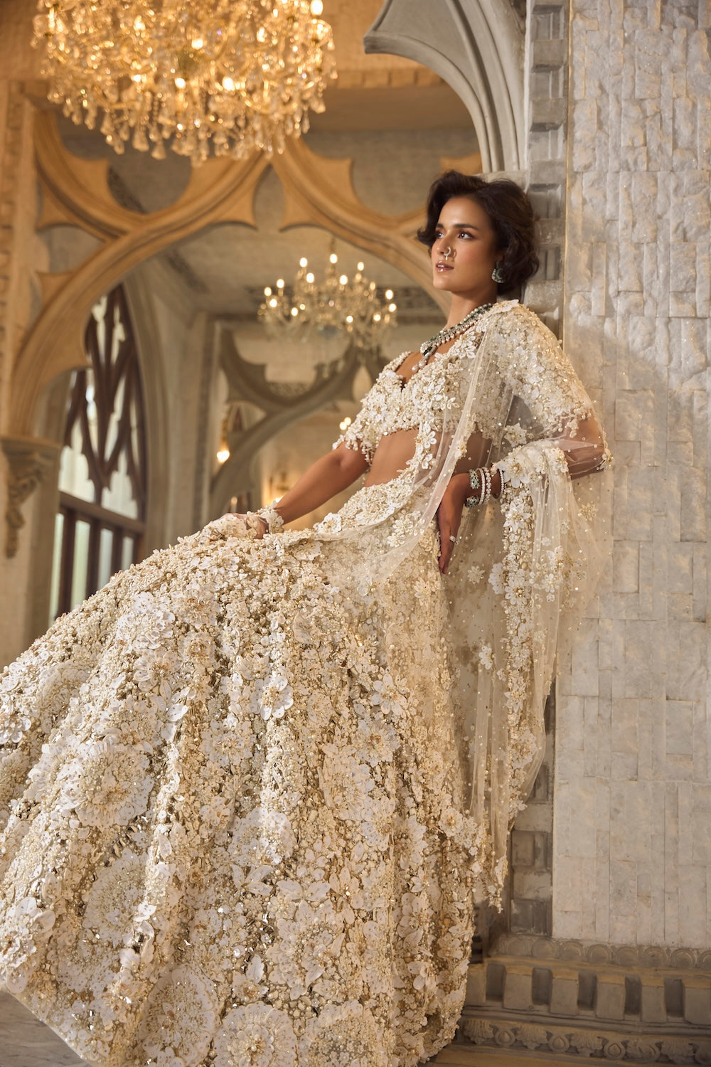 Seema Gujral - Ivory Gold Three-Dimensional Lehenga Set