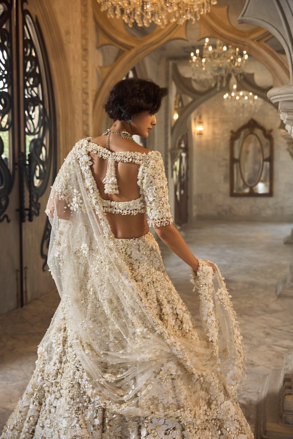 Seema Gujral - Ivory Gold Three-Dimensional Lehenga Set