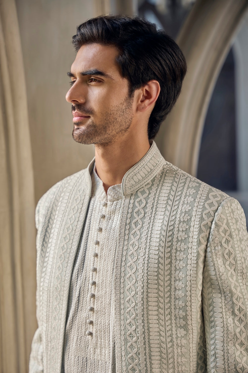 Seema Gujral - Grey Ivory Open Jacket Set