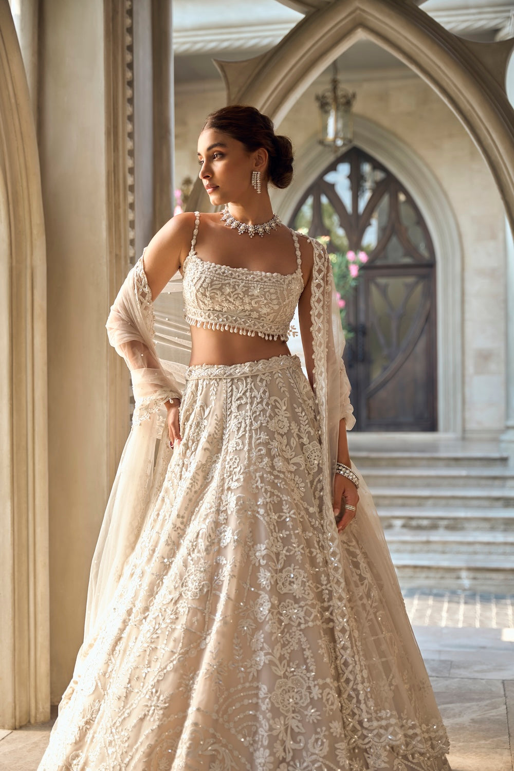 Seema Gujral - Nude Cream Abstract Dori Lehenga Set