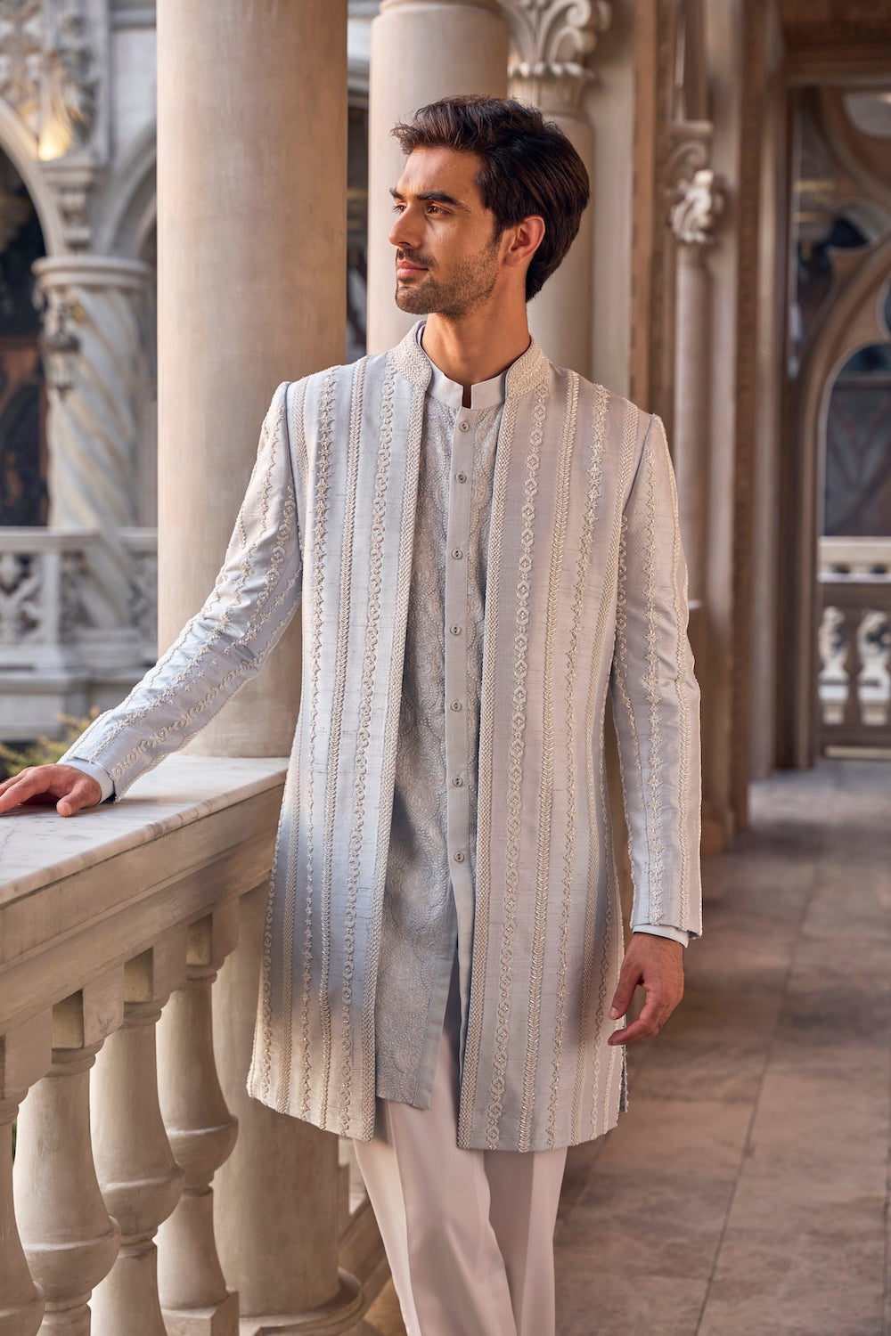 Seema Gujral - Powder Blue Pearl Open Sherwani Set