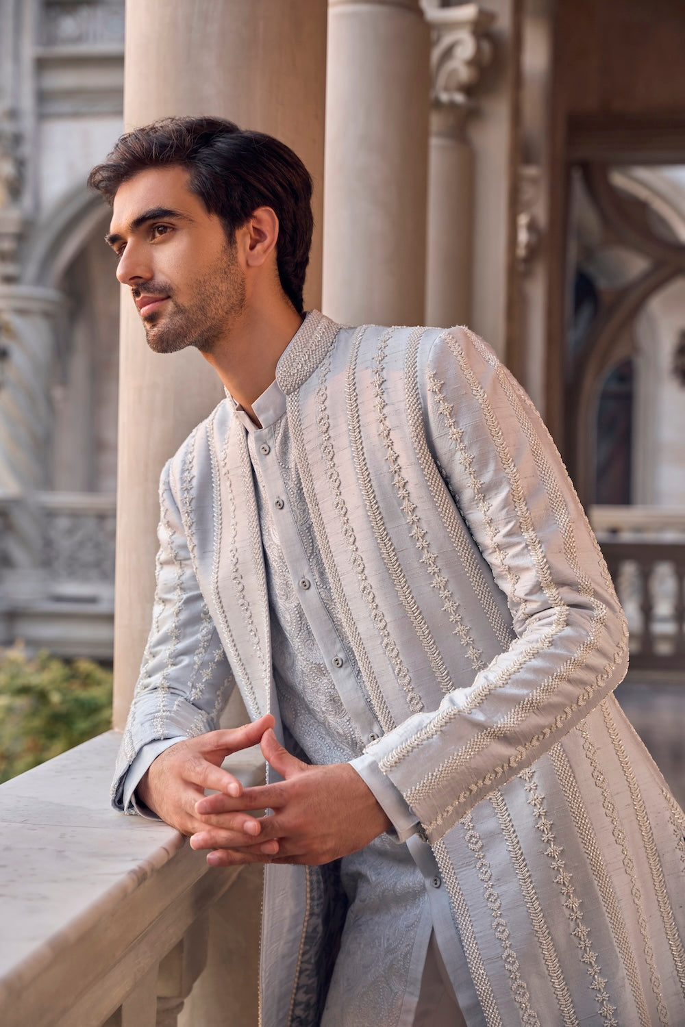 Seema Gujral - Powder Blue Pearl Open Sherwani Set
