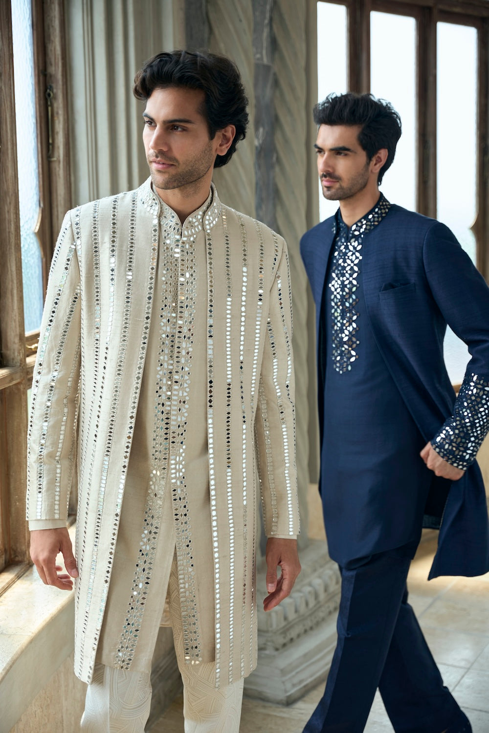 Seema Gujral - Beige Mirror Work Sherwani Set