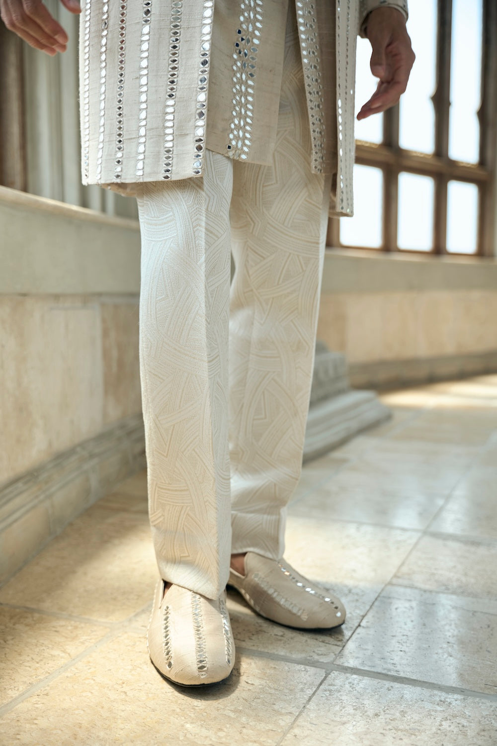 Seema Gujral - Beige Mirror Work Sherwani Set