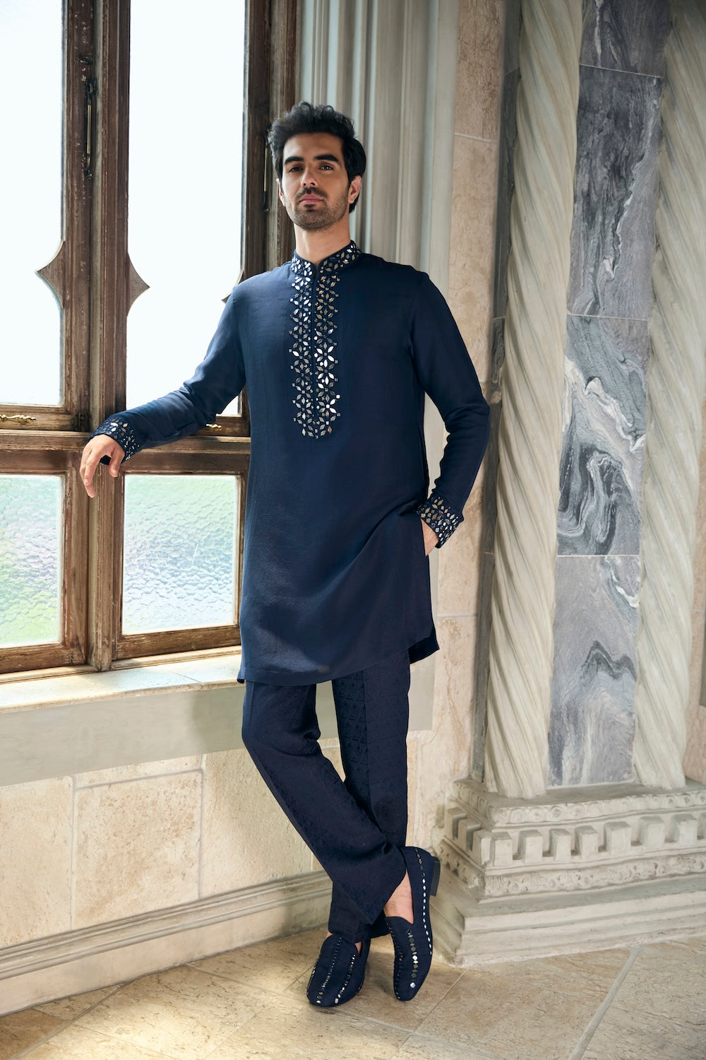 Seema Gujral - Persian Blue Mirror Open Sherwani Set