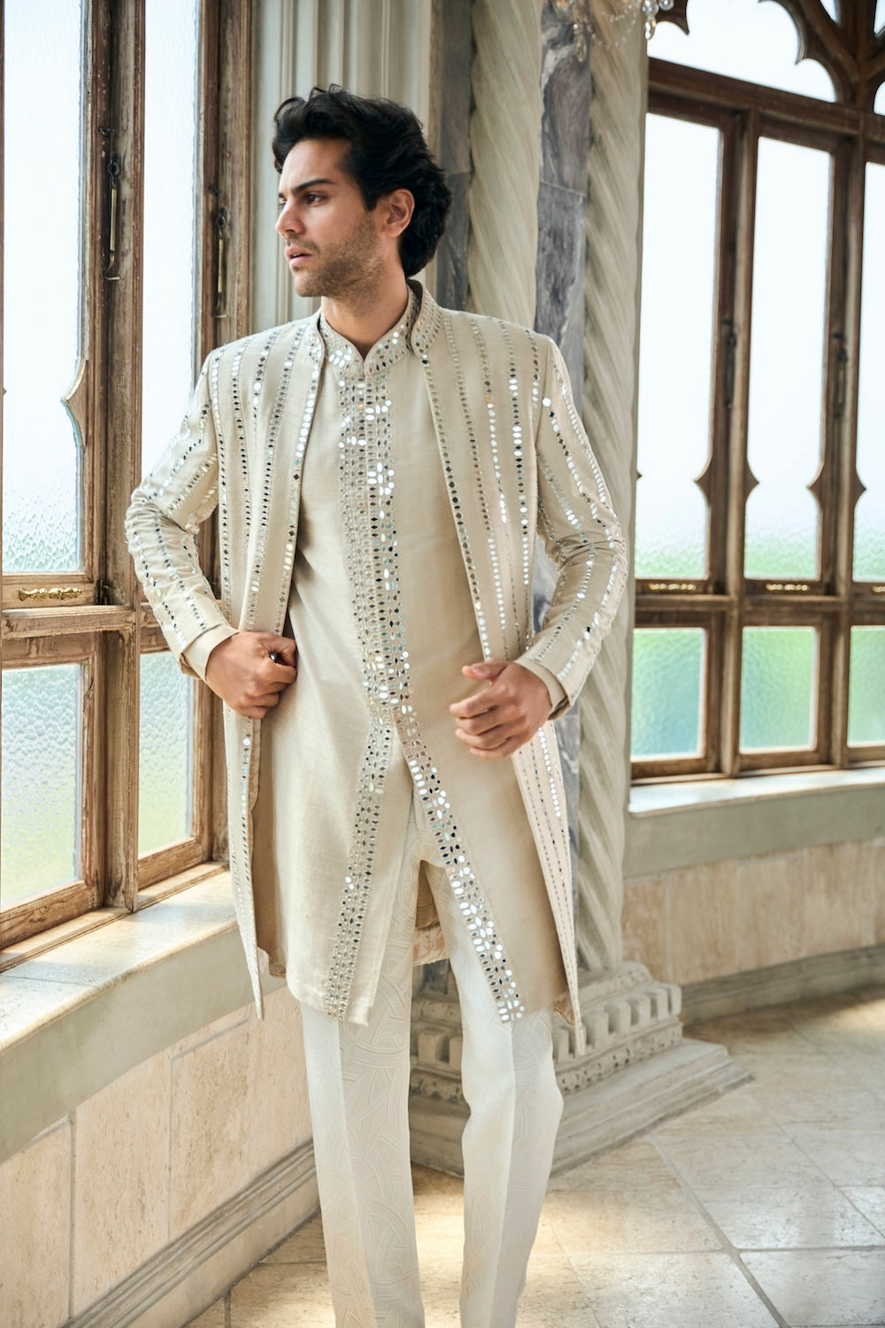 Seema Gujral - Beige Mirror Work Sherwani Set