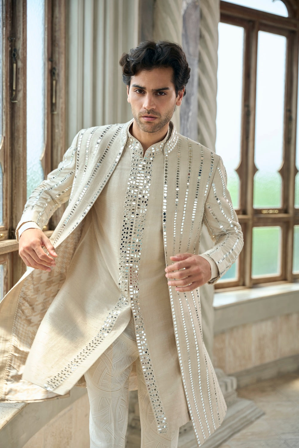 Seema Gujral - Beige Mirror Work Sherwani Set