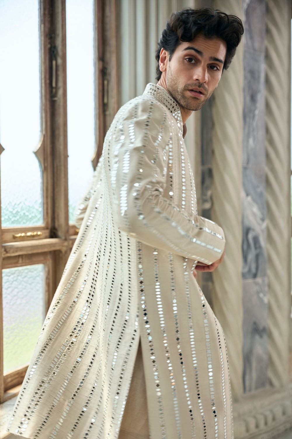 Seema Gujral - Beige Mirror Work Sherwani Set