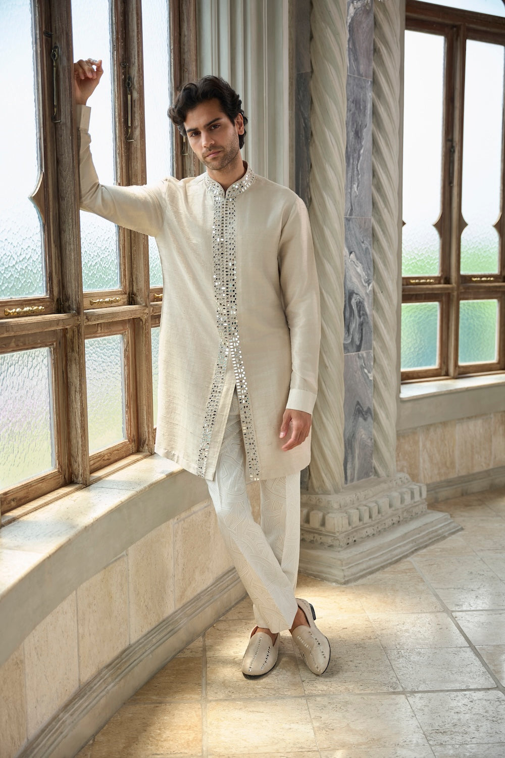 Seema Gujral - Beige Mirror Work Sherwani Set