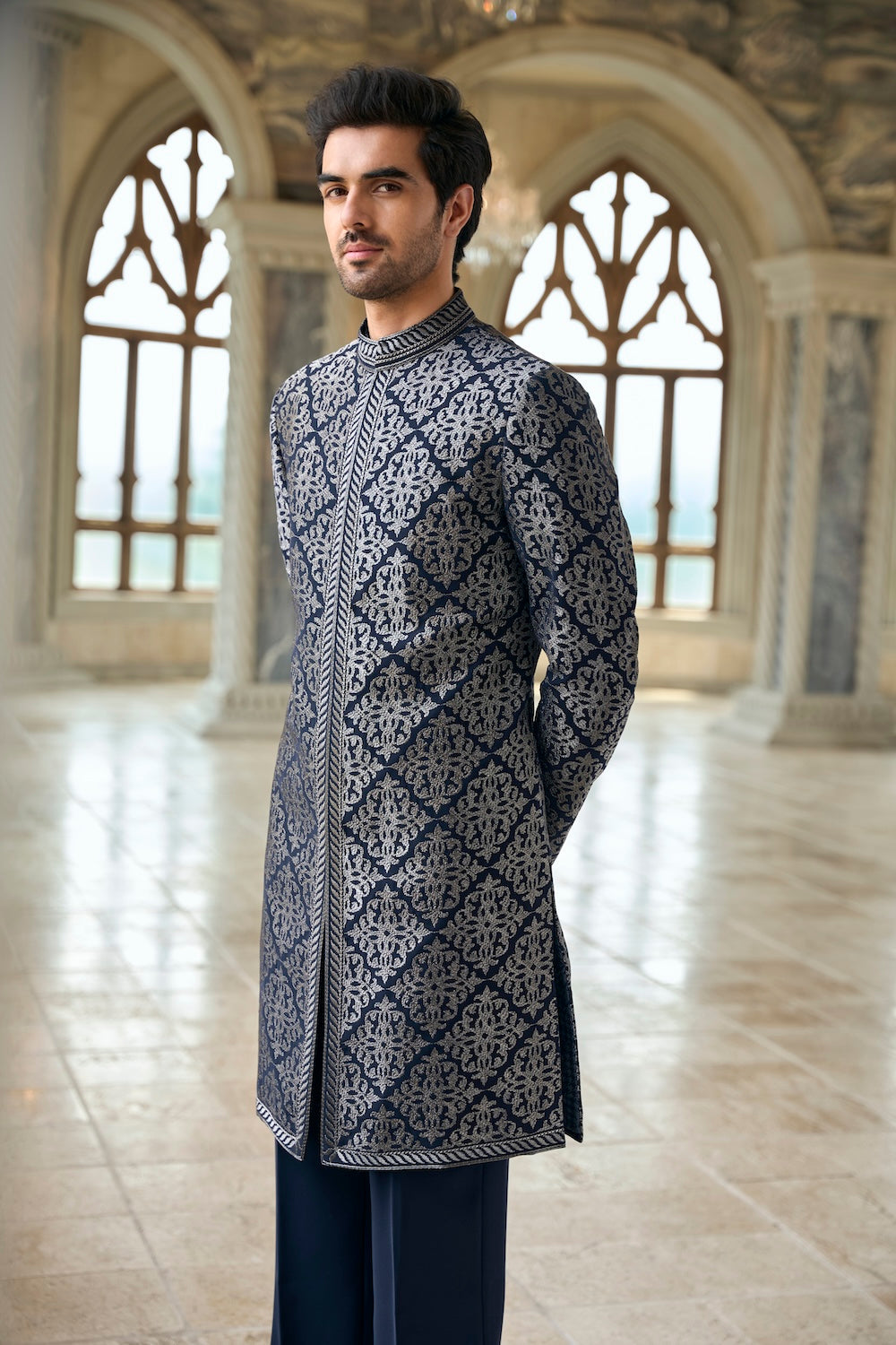 Seema Gujral - Navy &amp; Silver Zari Sherwani Set