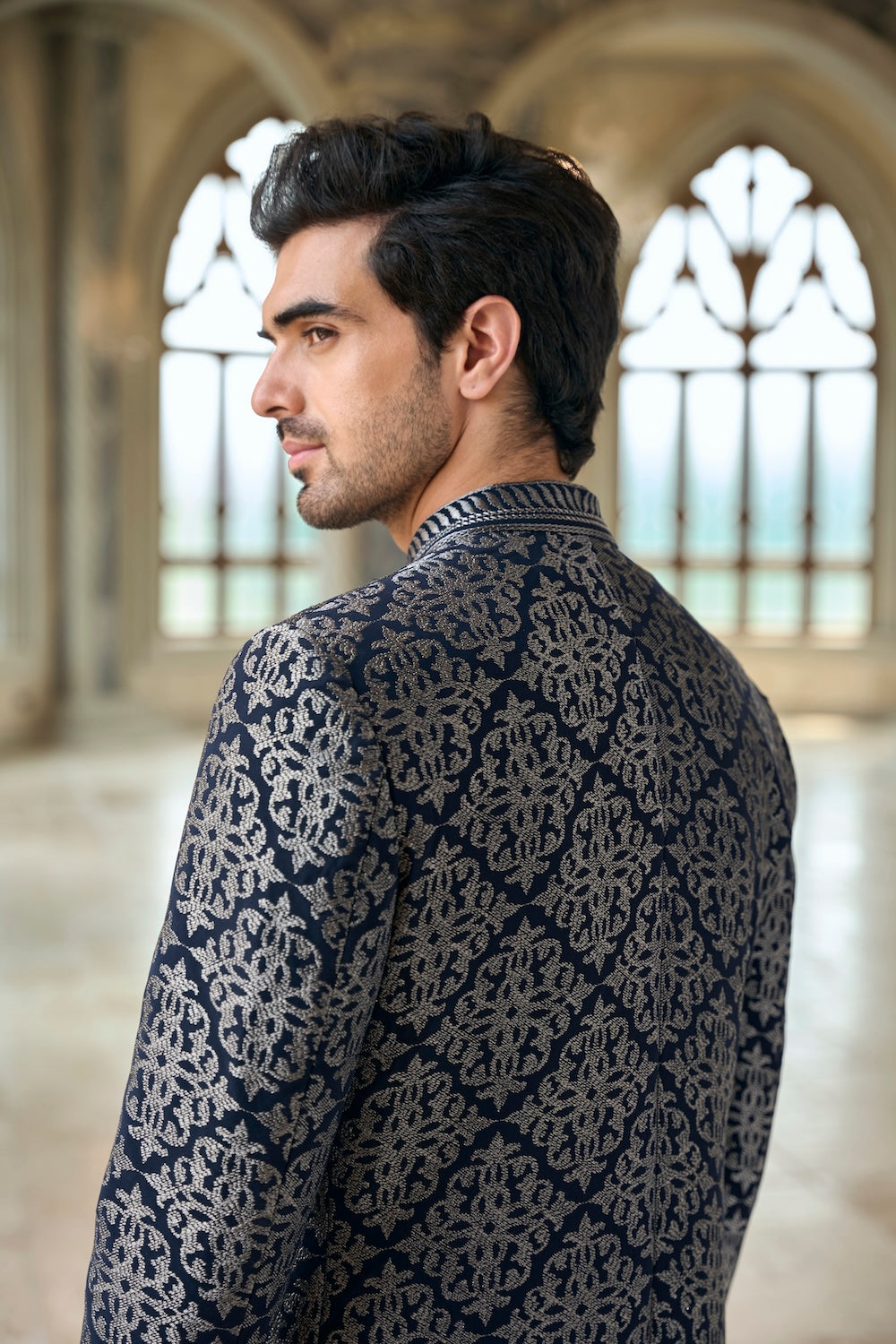 Seema Gujral - Navy &amp; Silver Zari Sherwani Set