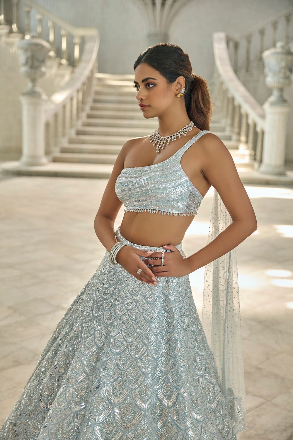 Seema Gujral - Powder Blue Sequin Lehenga Set