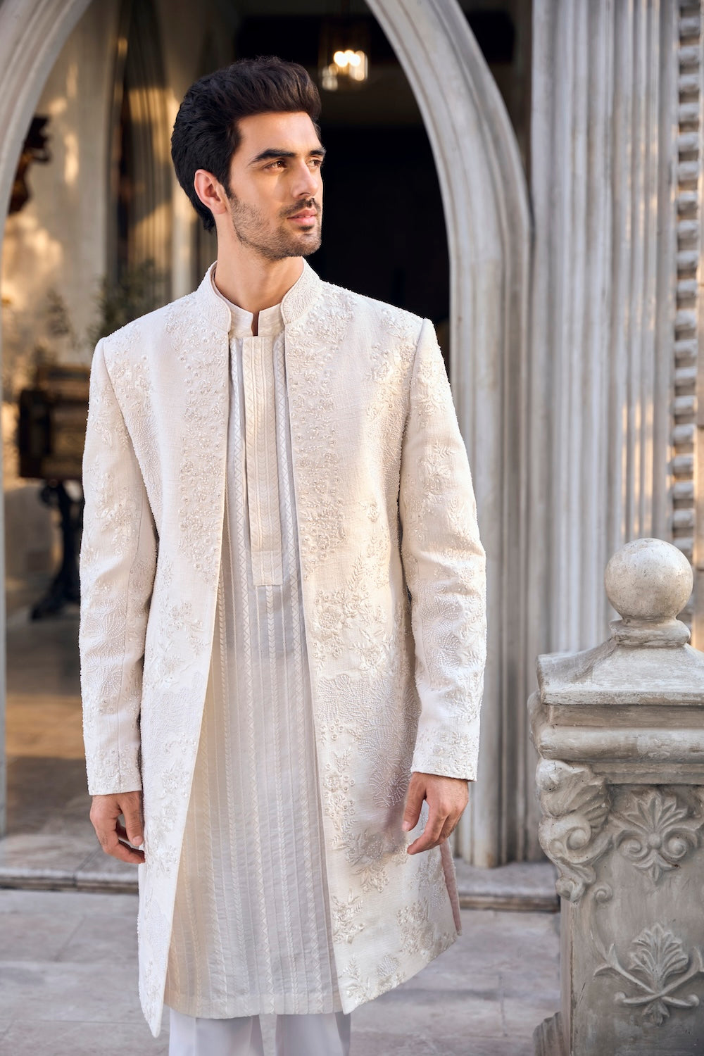 Seema Gujral - Cream Open Sherwani Set
