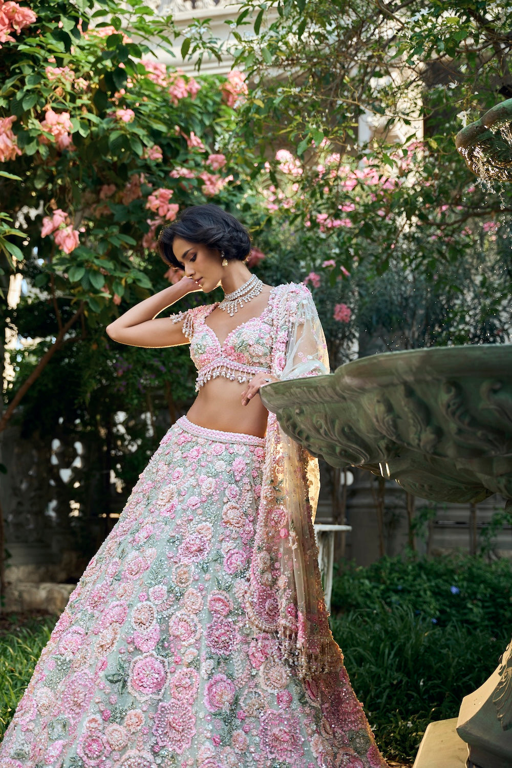 Seema Gujral - Mint Green Multi-Coloured Floral Lehenga Set