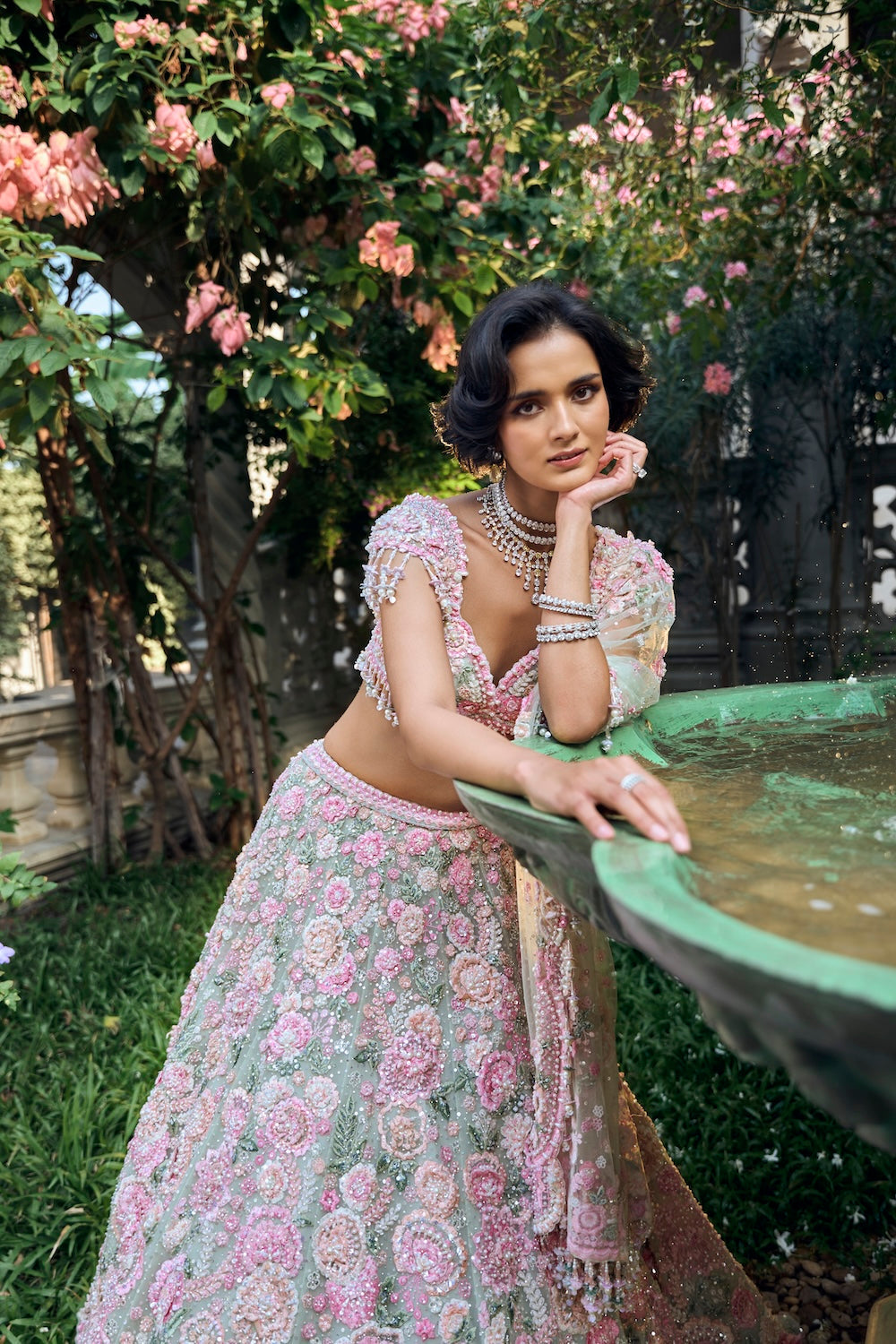Seema Gujral - Mint Green Multi-Coloured Floral Lehenga Set