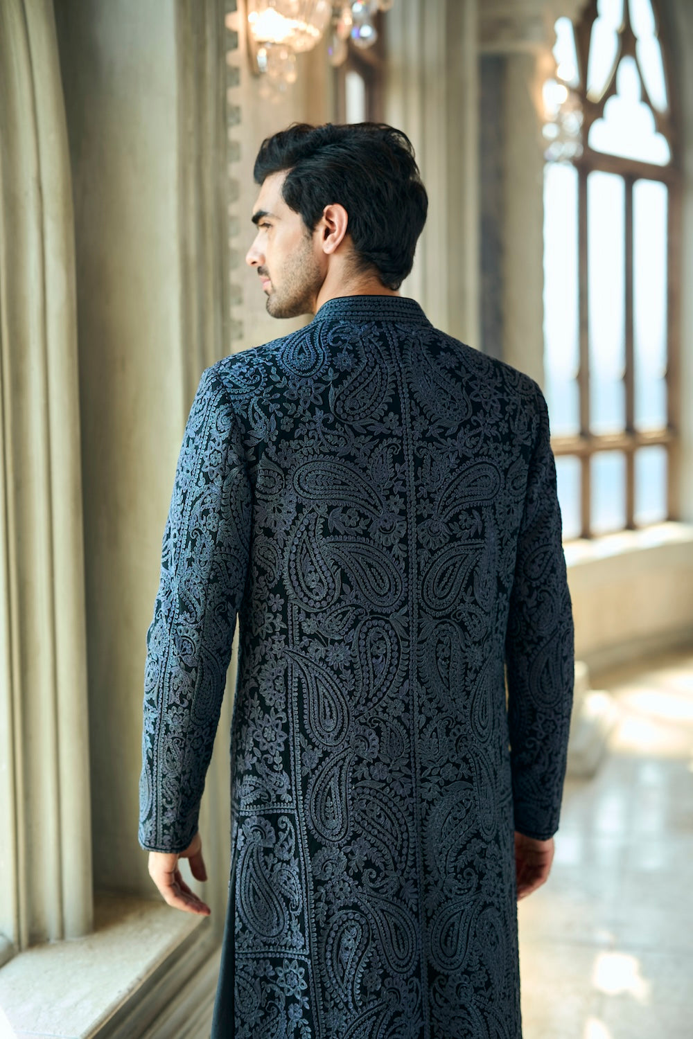 Seema Gujral - Charcoal Thread Work Sherwani Set