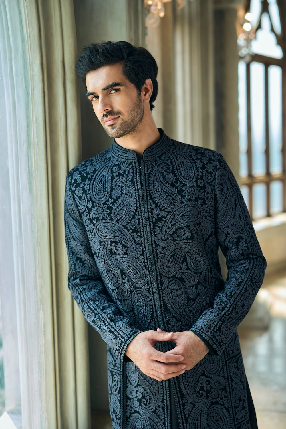 Seema Gujral - Charcoal Thread Work Sherwani Set
