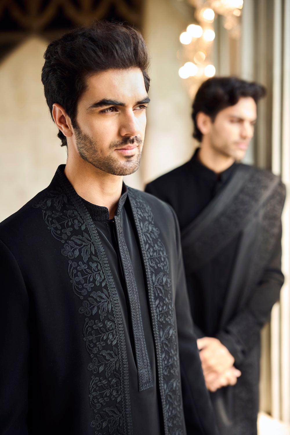 Seema Gujral - Black Thread Work Open Jacket Set