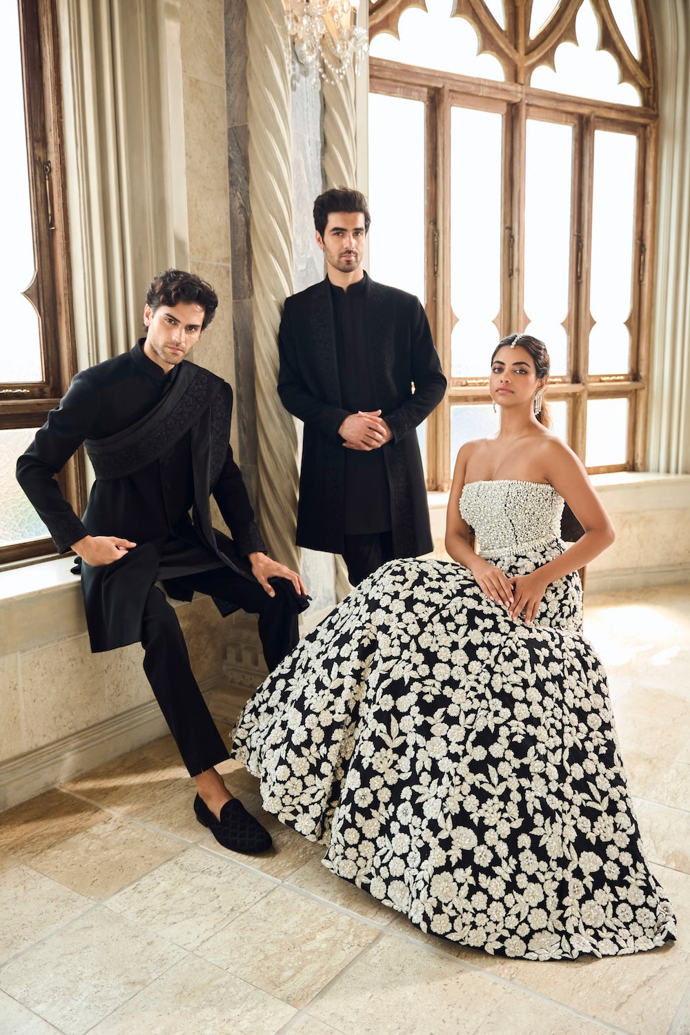 Seema Gujral - Black Thread Work Open Jacket Set