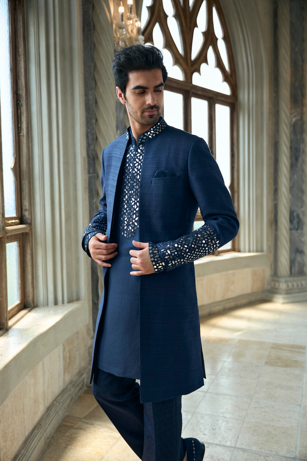 Seema Gujral - Persian Blue Mirror Open Sherwani Set