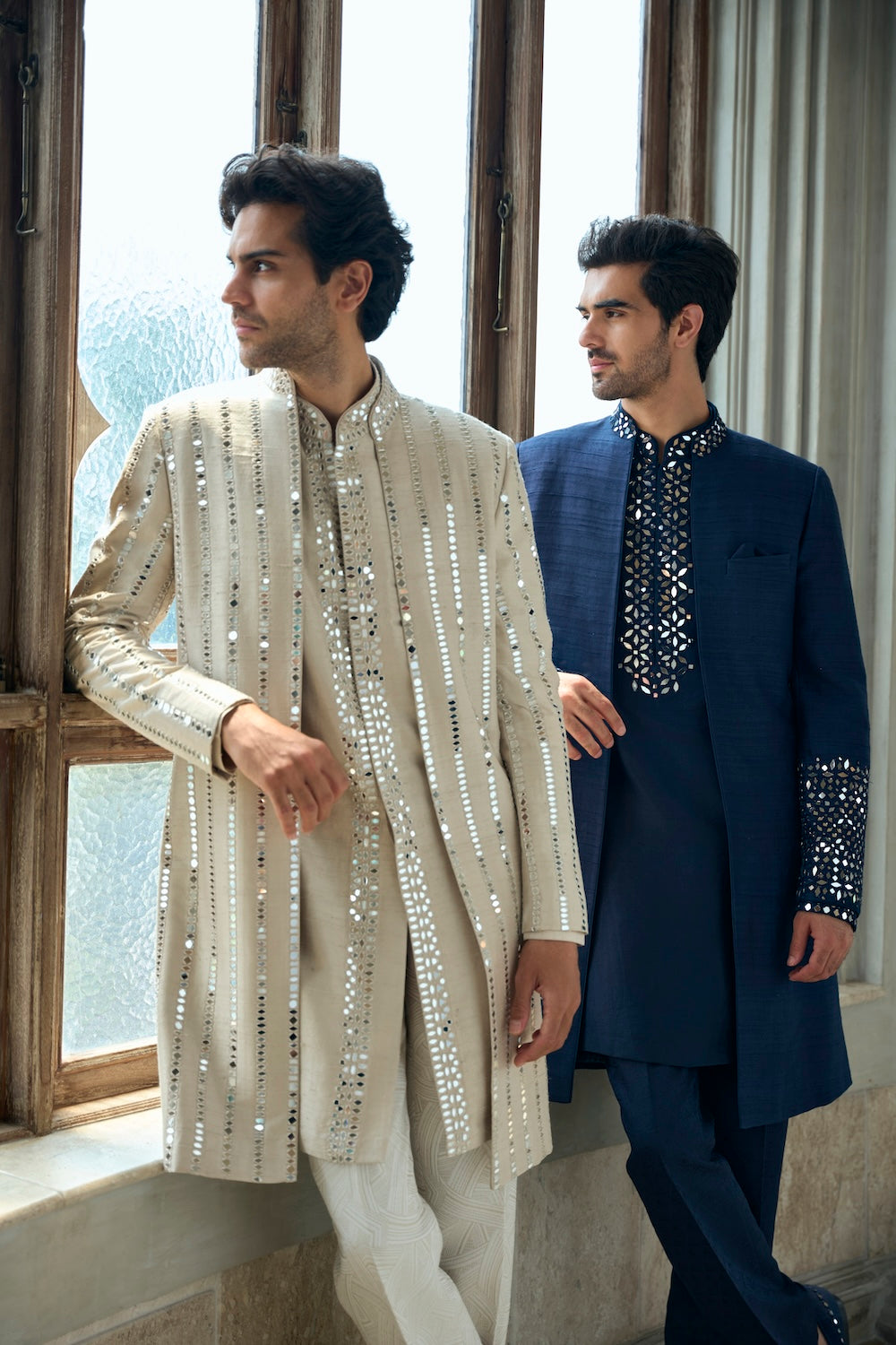 Seema Gujral - Persian Blue Mirror Open Sherwani Set
