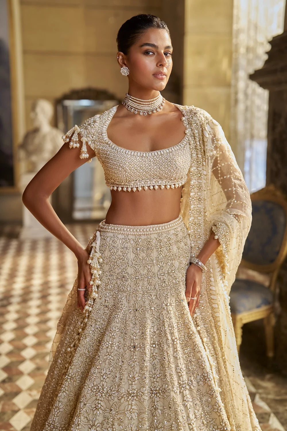 Seema Gujral - Ivory Pearl Lehenga Set