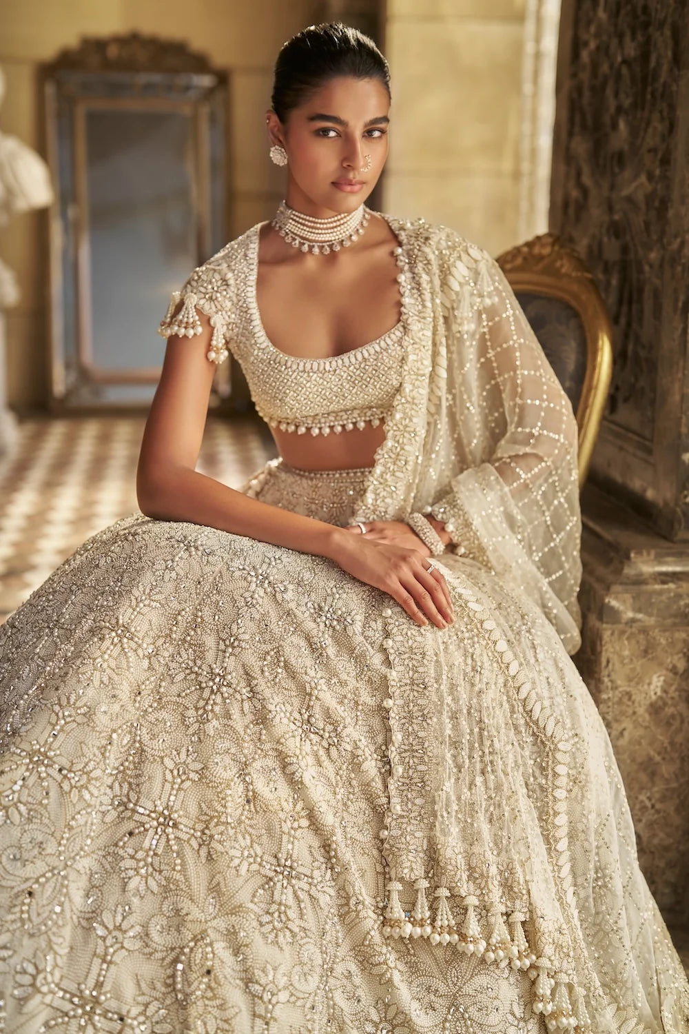 Seema Gujral - Ivory Pearl Lehenga Set