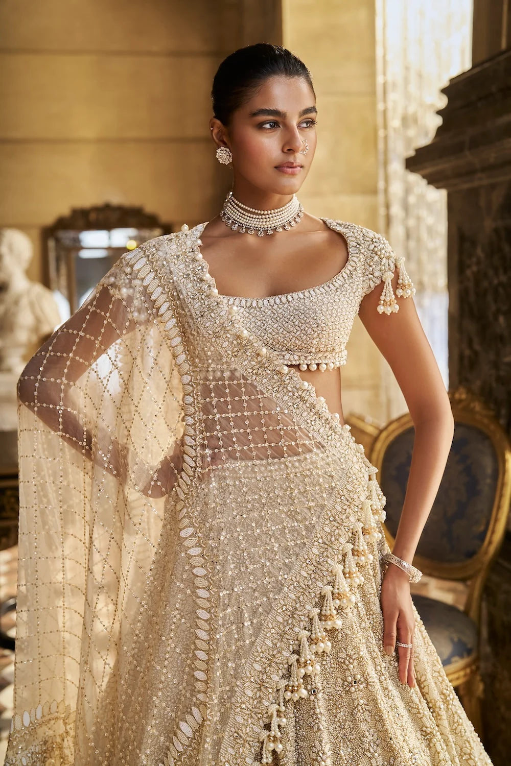 Seema Gujral - Ivory Pearl Lehenga Set