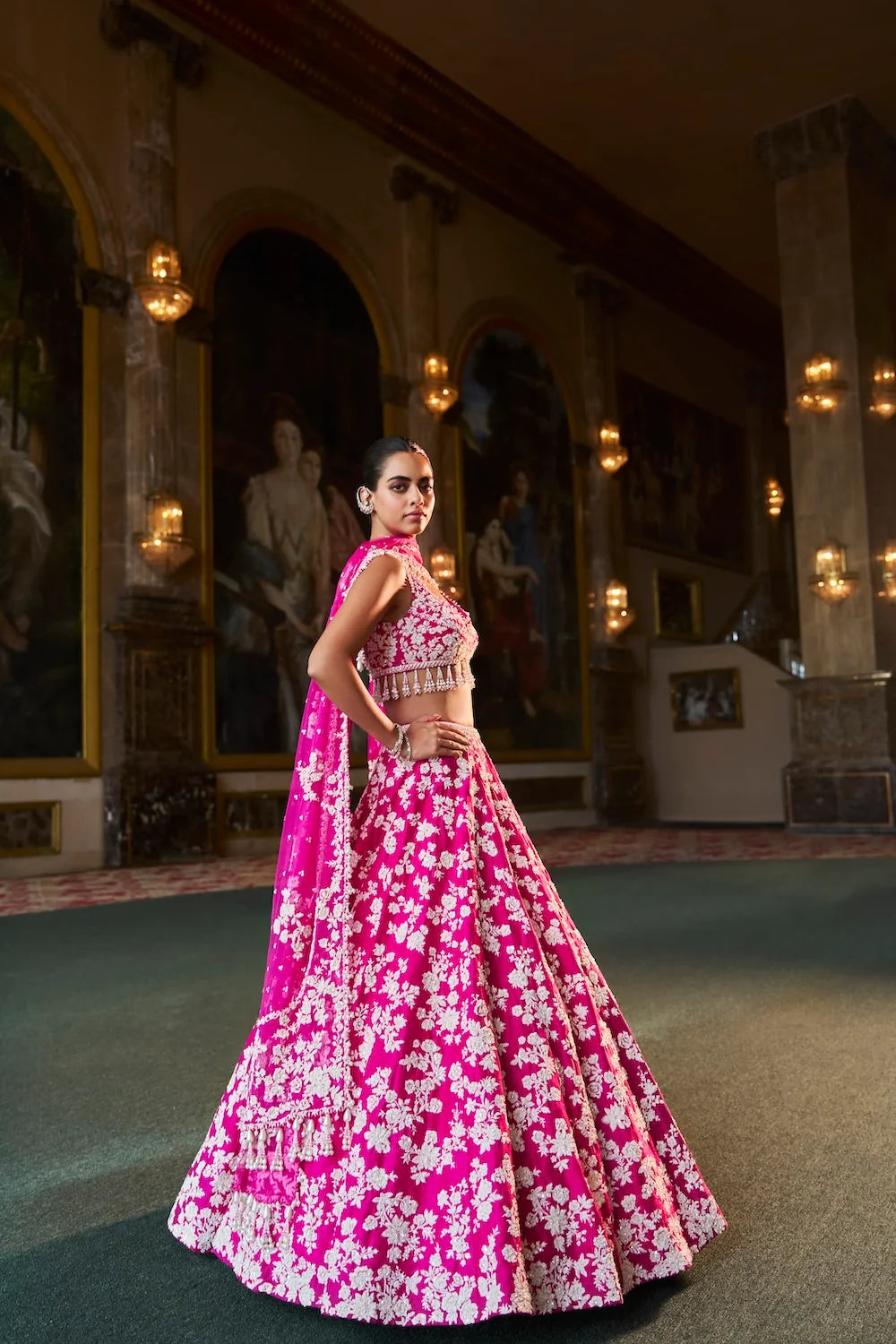 Seema Gujral - Fuchsia Pink Thread Work Lehenga Set