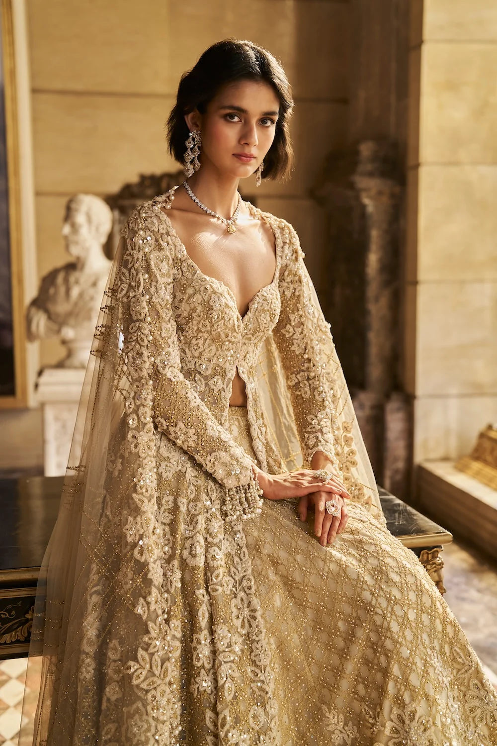 Seema Gujral - Cream Jacket Lehenga Set