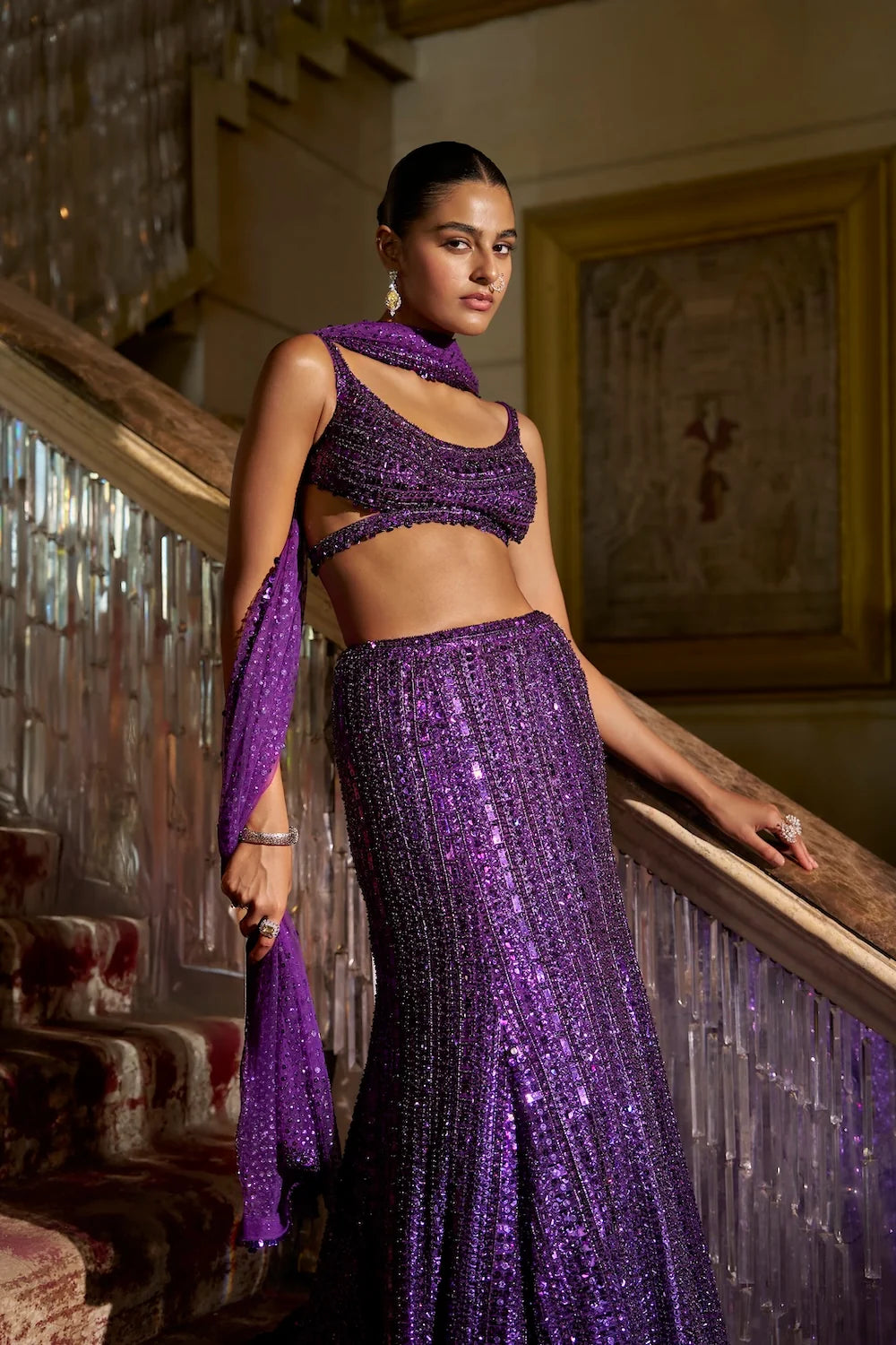 Seema Gujral - Purple Sequin Skirt Set