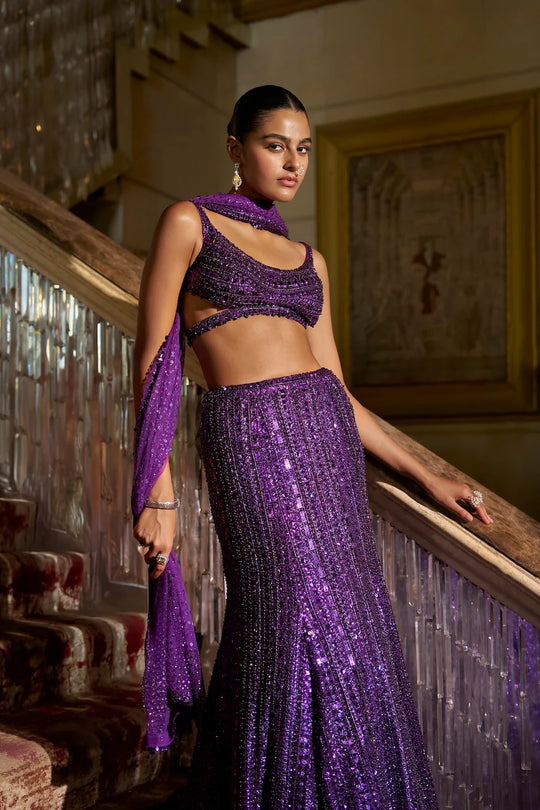 Seema Gujral - Purple Sequin Skirt Set