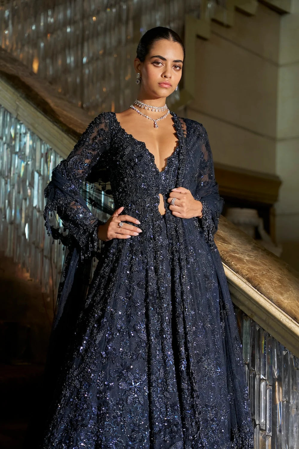 Seema Gujral - Midnight Blue Jacket Lehenga Set