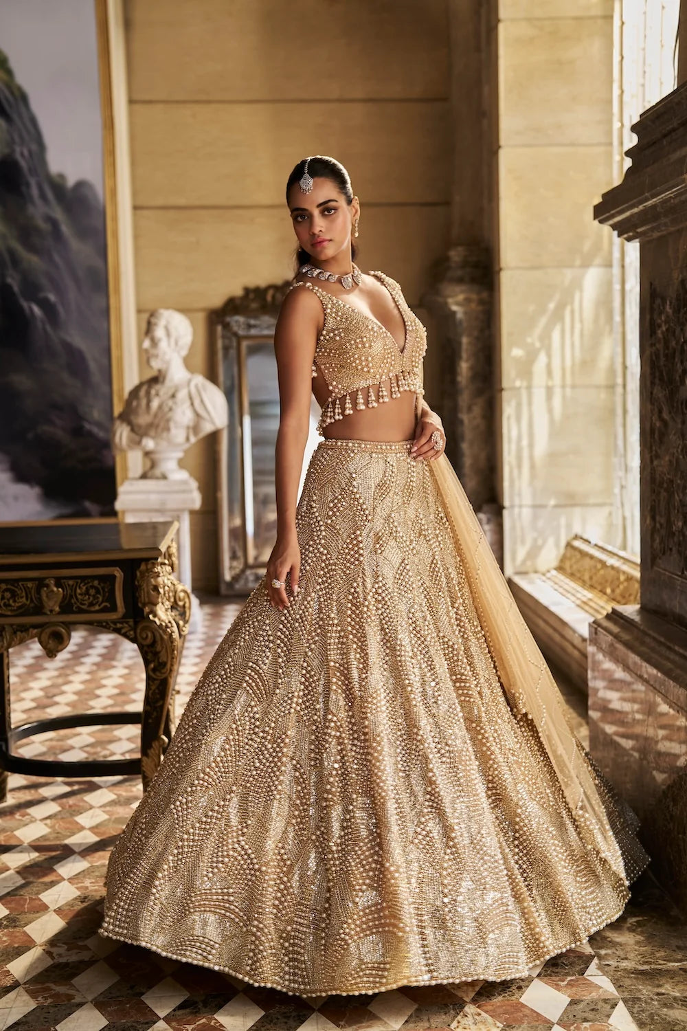 Seema Gujral - Nude Pearl Lehenga Set