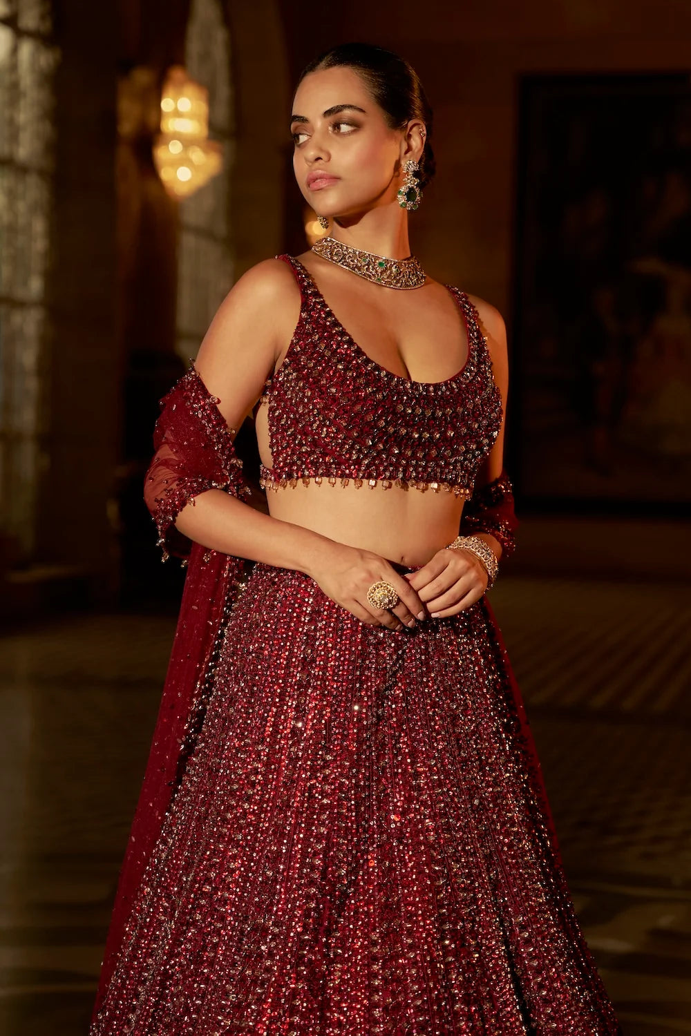 Seema Gujral - Maroon Sequin Lehenga Set