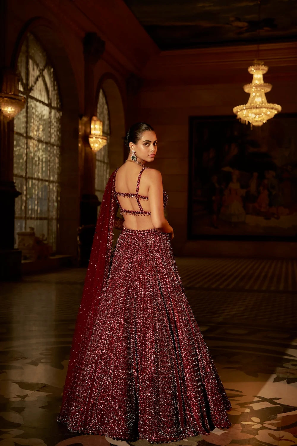 Seema Gujral - Maroon Sequin Lehenga Set