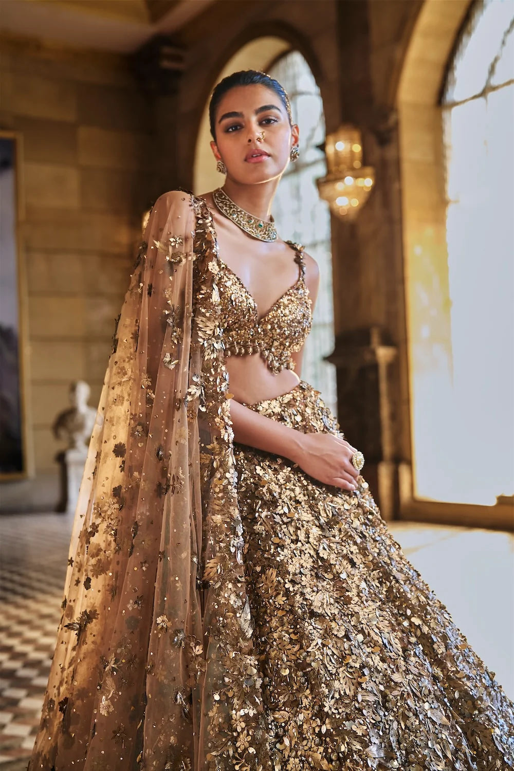Seema Gujral - Metallic Gold 3D Lehenga Set
