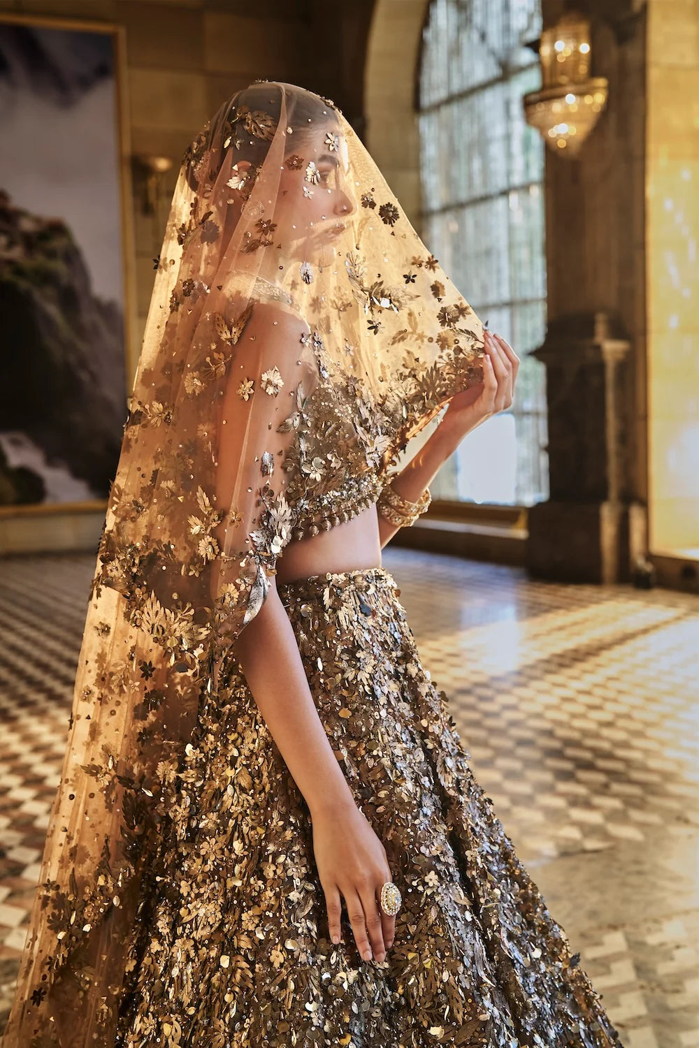Seema Gujral - Metallic Gold 3D Lehenga Set