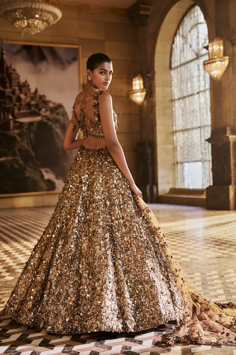 Seema Gujral - Metallic Gold 3D Lehenga Set