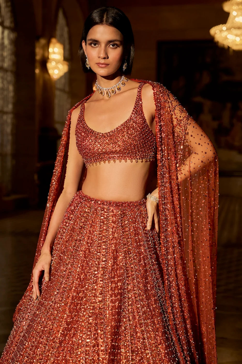 Seema Gujral - Copper Crystal Lehenga Set