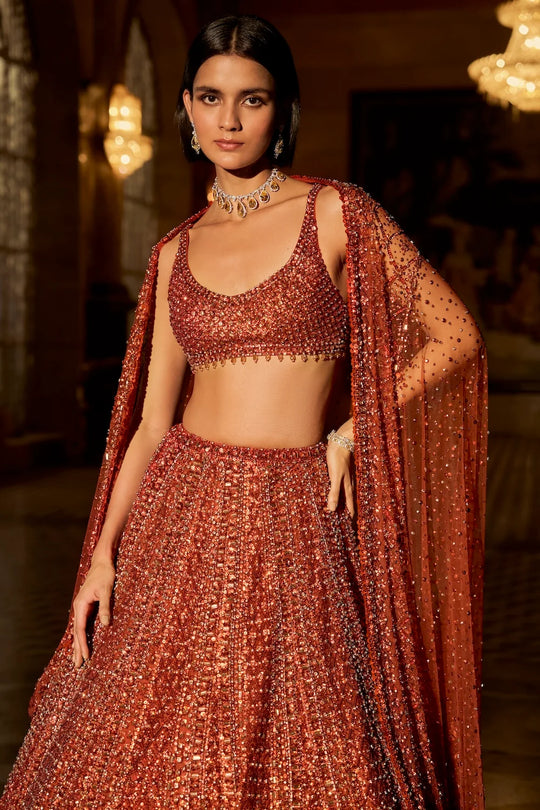 Seema Gujral - Copper Crystal Lehenga Set